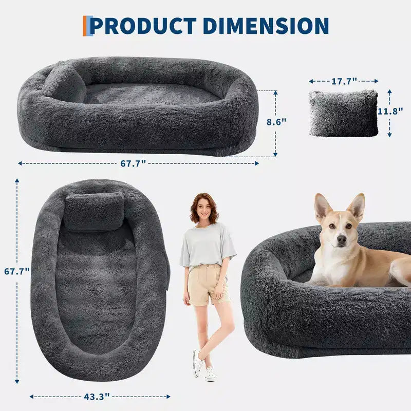 65x41x12 Lit pour chien pour humain et animaux de compagnie, en fausse fourrure, amovible, avec poignée portable, poche latérale, mousse orthopédique en œuf, grands lits pour chiens