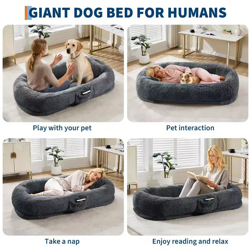 65x41x12 Lit pour chien pour humain et animaux de compagnie, en fausse fourrure, amovible, avec poignée portable, poche latérale, mousse orthopédique en œuf, grands lits pour chiens