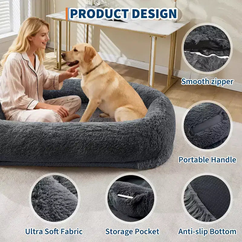 65x41x12 Lit pour chien pour humain et animaux de compagnie, en fausse fourrure, amovible, avec poignée portable, poche latérale, mousse orthopédique en œuf, grands lits pour chiens