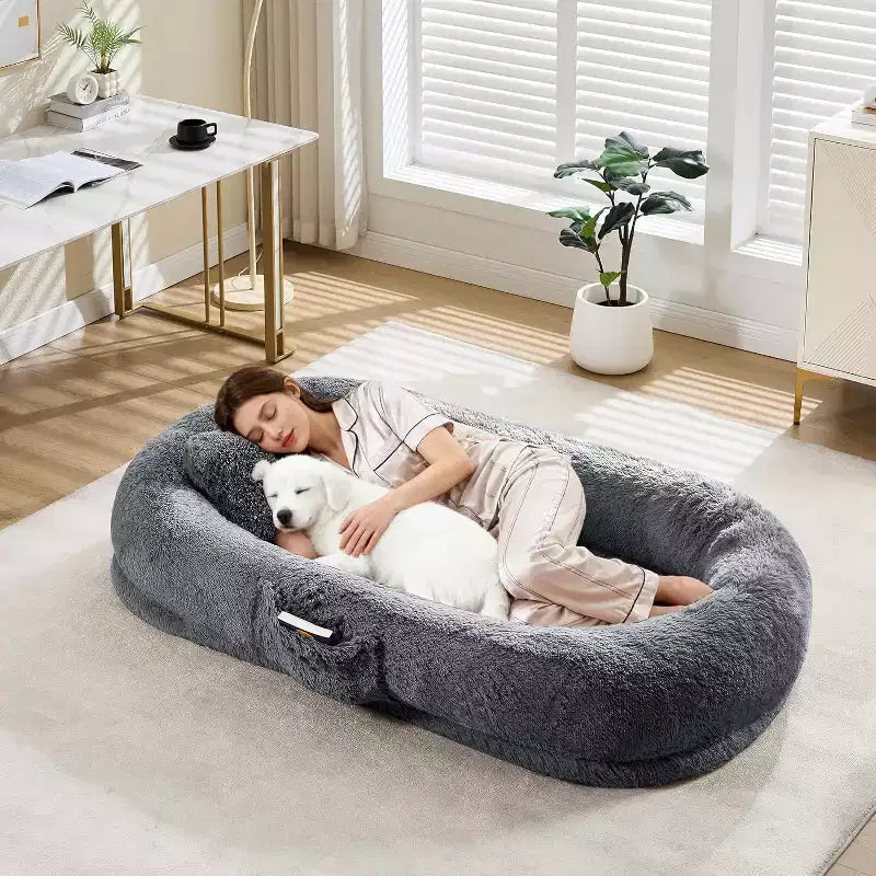 65x41x12 Human Dog Bed for Adult & Pets, Faux Fur Removable Human Dogs Bed with Portable Handle, Side Pocket, Egg Orthopedic Foam, Large Dog Beds