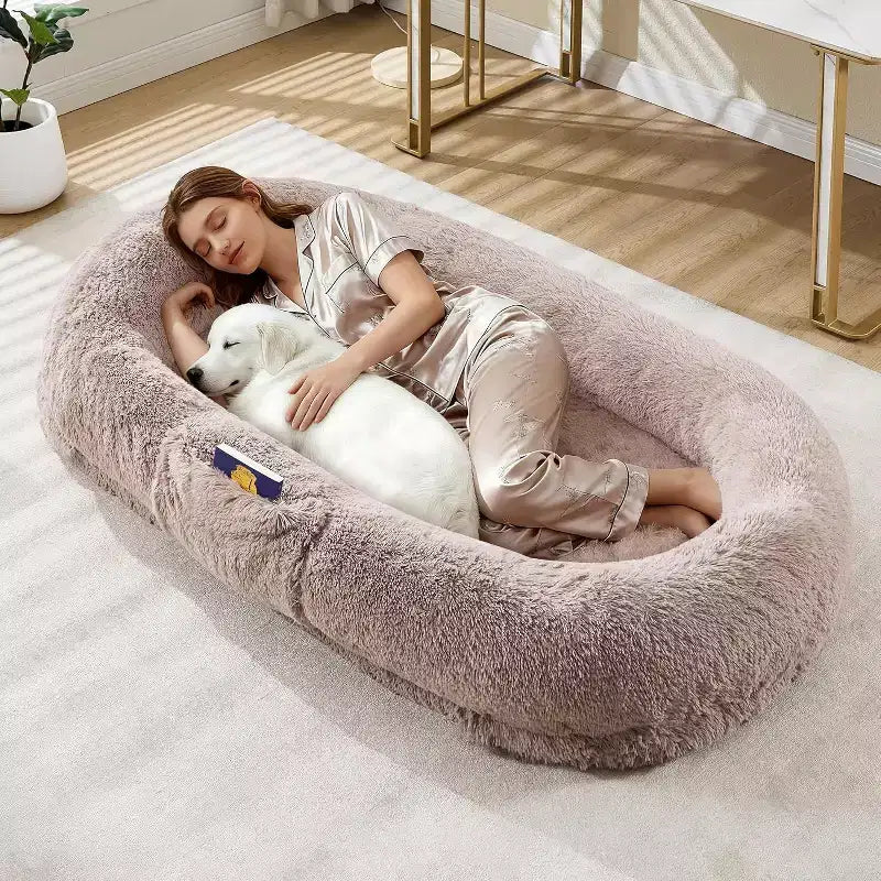 65x41x12 Lit pour chien pour humain et animaux de compagnie, en fausse fourrure, amovible, avec poignée portable, poche latérale, mousse orthopédique en œuf, grands lits pour chiens