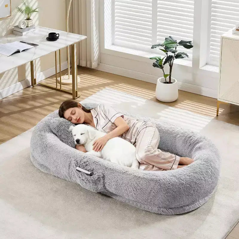 65x41x12 Lit pour chien pour humain et animaux de compagnie, en fausse fourrure, amovible, avec poignée portable, poche latérale, mousse orthopédique en œuf, grands lits pour chiens