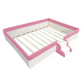 Bellemave PU Upholstered Montessori Floor Bed with Fence & Stairs, Queen Size Floor Bed with Slats for Kids, Girls & Boys (Pink+White)