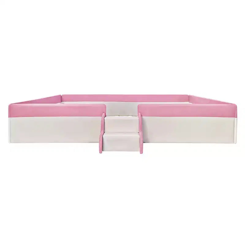 Lit Montessori Bellemave en PU rembourré avec clôture et escalier, lit au sol Queen Size avec lattes pour enfants, filles et garçons (rose+blanc)