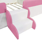 Lit Montessori Bellemave en PU rembourré avec clôture et escalier, lit au sol Queen Size avec lattes pour enfants, filles et garçons (rose+blanc)
