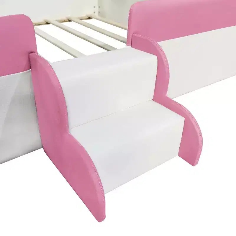 Lit Montessori Bellemave en PU rembourré avec clôture et escalier, lit au sol Queen Size avec lattes pour enfants, filles et garçons (rose+blanc)