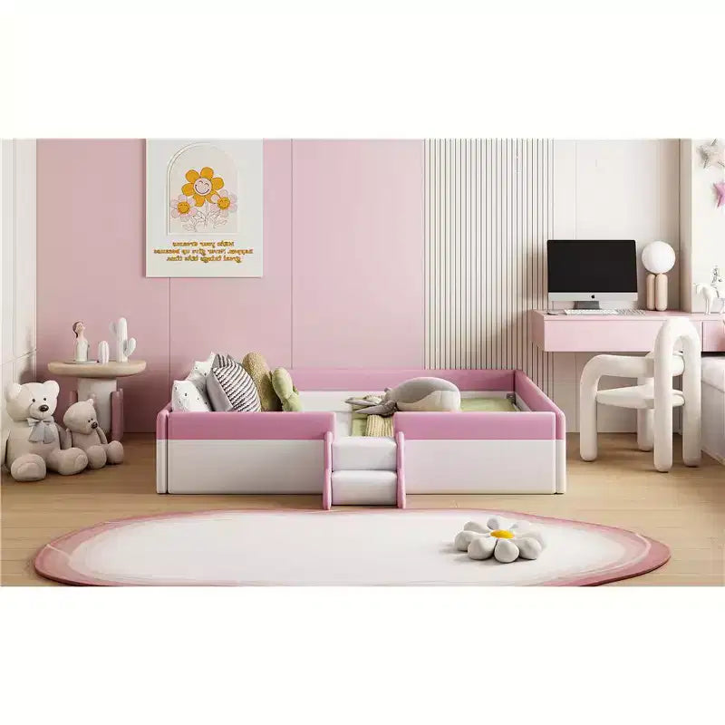 Lit Montessori Bellemave en PU rembourré avec clôture et escalier, lit au sol Queen Size avec lattes pour enfants, filles et garçons (rose+blanc)
