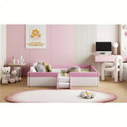 Lit Montessori Bellemave en PU rembourré avec clôture et escalier, lit au sol Queen Size avec lattes pour enfants, filles et garçons (rose+blanc)