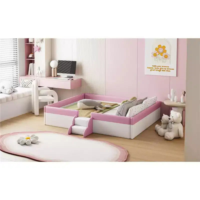 Lit Montessori Bellemave en PU rembourré avec clôture et escalier, lit au sol Queen Size avec lattes pour enfants, filles et garçons (rose+blanc)