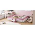Lit Montessori Bellemave en PU rembourré avec clôture et escalier, lit au sol Queen Size avec lattes pour enfants, filles et garçons (rose+blanc)