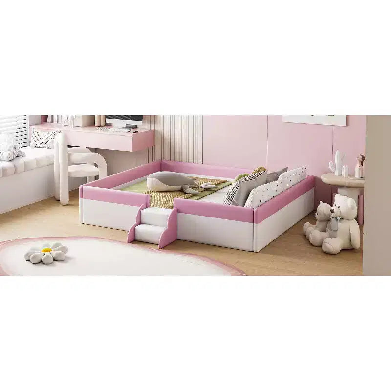 Lit Montessori Bellemave en PU rembourré avec clôture et escalier, lit au sol Queen Size avec lattes pour enfants, filles et garçons (rose+blanc)