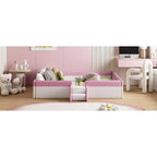 Lit Montessori Bellemave en PU rembourré avec clôture et escalier, lit au sol Queen Size avec lattes pour enfants, filles et garçons (rose+blanc)