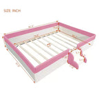 Lit Montessori Bellemave en PU rembourré avec clôture et escalier, lit au sol Queen Size avec lattes pour enfants, filles et garçons (rose+blanc)