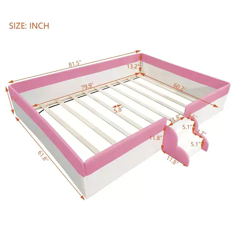 Lit Montessori Bellemave en PU rembourré avec clôture et escalier, lit au sol Queen Size avec lattes pour enfants, filles et garçons (rose+blanc)
