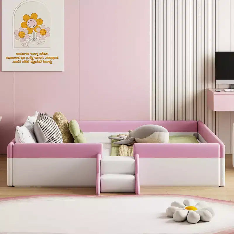 Lit Montessori Bellemave en PU rembourré avec clôture et escalier, lit au sol Queen Size avec lattes pour enfants, filles et garçons (rose+blanc)