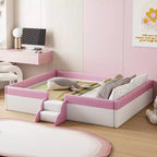 Lit Montessori Bellemave en PU rembourré avec clôture et escalier, lit au sol Queen Size avec lattes pour enfants, filles et garçons (rose+blanc)