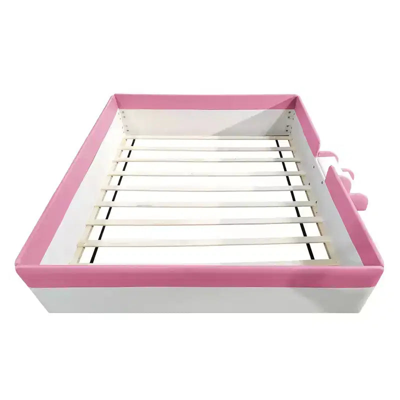 Lit Montessori Bellemave en PU rembourré avec clôture et escalier, lit au sol Queen Size avec lattes pour enfants, filles et garçons (rose+blanc)