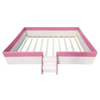 Lit Montessori Bellemave en PU rembourré avec clôture et escalier, lit au sol Queen Size avec lattes pour enfants, filles et garçons (rose+blanc)