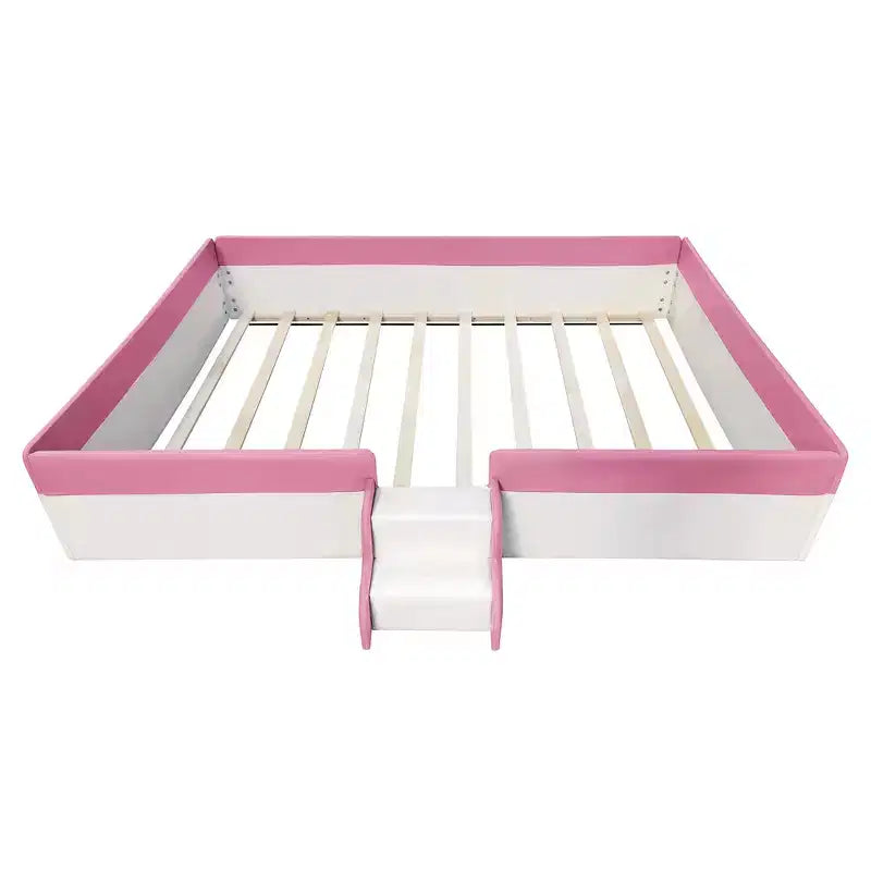 Lit Montessori Bellemave en PU rembourré avec clôture et escalier, lit au sol Queen Size avec lattes pour enfants, filles et garçons (rose+blanc)