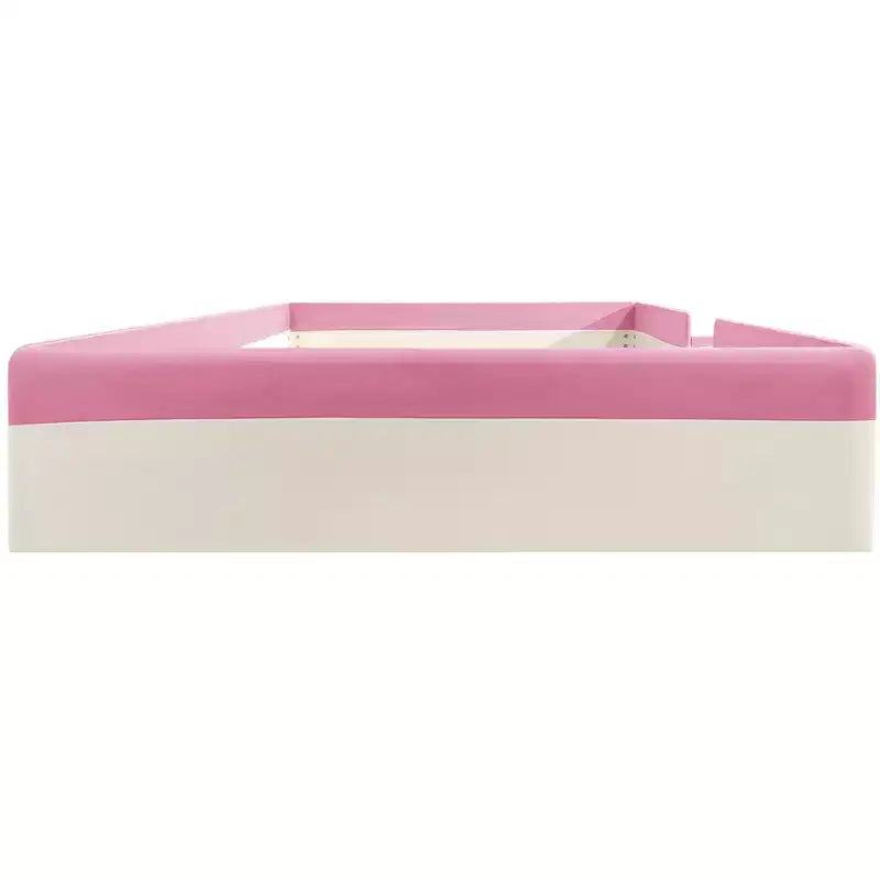 Lit Montessori Bellemave en PU rembourré avec clôture et escalier, lit au sol Queen Size avec lattes pour enfants, filles et garçons (rose+blanc)