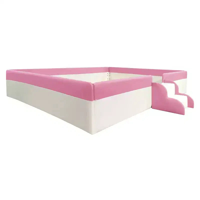 Lit Montessori Bellemave en PU rembourré avec clôture et escalier, lit au sol Queen Size avec lattes pour enfants, filles et garçons (rose+blanc)