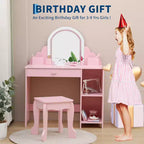 Coiffeuse pour enfants COZONY avec miroir et tabouret, luminosité réglable, tiroir et étagères de rangement, pour filles de 3 à 9 ans