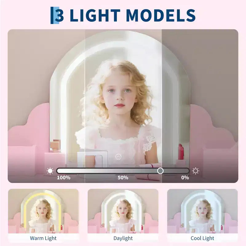 Coiffeuse pour enfants COZONY avec miroir et tabouret, luminosité réglable, tiroir et étagères de rangement, pour filles de 3 à 9 ans