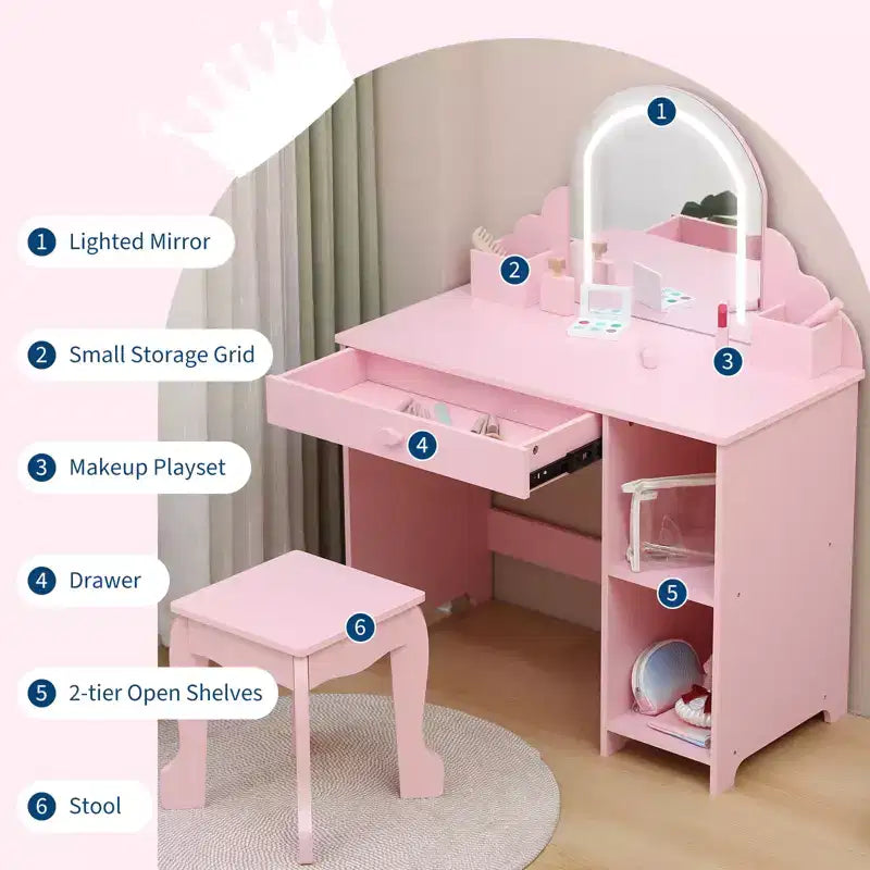 Coiffeuse pour enfants COZONY avec miroir et tabouret, luminosité réglable, tiroir et étagères de rangement, pour filles de 3 à 9 ans