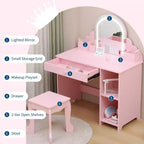 Coiffeuse pour enfants COZONY avec miroir et tabouret, luminosité réglable, tiroir et étagères de rangement, pour filles de 3 à 9 ans