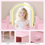 Coiffeuse pour enfants COZONY avec miroir et tabouret, luminosité réglable, tiroir et étagères de rangement, pour filles de 3 à 9 ans