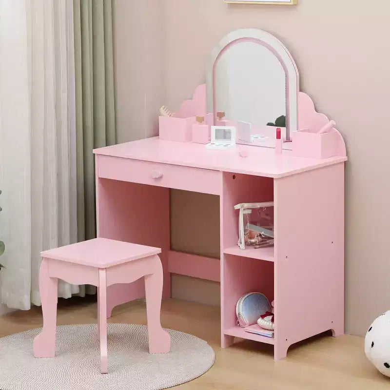Coiffeuse pour enfants COZONY avec miroir et tabouret, luminosité réglable, tiroir et étagères de rangement, pour filles de 3 à 9 ans