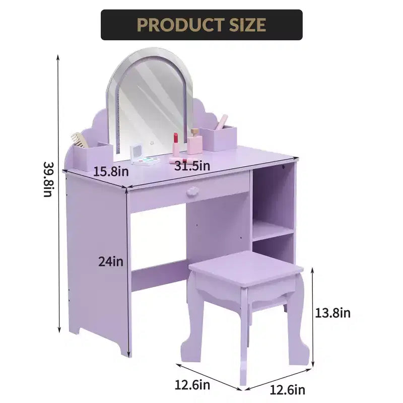 Coiffeuse pour enfants COZONY avec miroir et tabouret, luminosité réglable, tiroir et étagères de rangement, pour filles de 3 à 9 ans