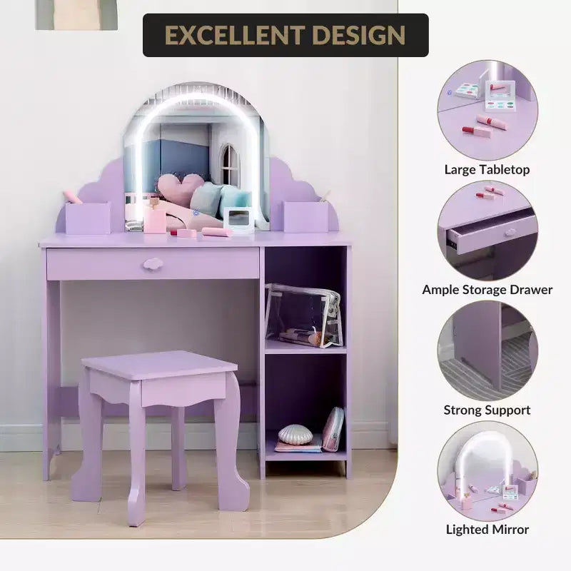 Coiffeuse pour enfants COZONY avec miroir et tabouret, luminosité réglable, tiroir et étagères de rangement, pour filles de 3 à 9 ans