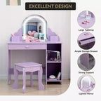 Coiffeuse pour enfants COZONY avec miroir et tabouret, luminosité réglable, tiroir et étagères de rangement, pour filles de 3 à 9 ans
