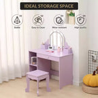 Coiffeuse pour enfants COZONY avec miroir et tabouret, luminosité réglable, tiroir et étagères de rangement, pour filles de 3 à 9 ans