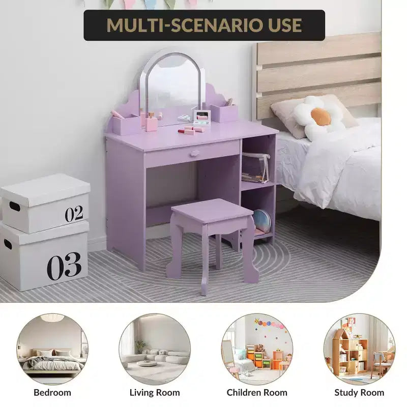 Coiffeuse pour enfants COZONY avec miroir et tabouret, luminosité réglable, tiroir et étagères de rangement, pour filles de 3 à 9 ans