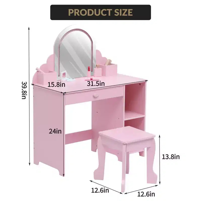 Coiffeuse pour enfants COZONY avec miroir et tabouret, luminosité réglable, tiroir et étagères de rangement, pour filles de 3 à 9 ans