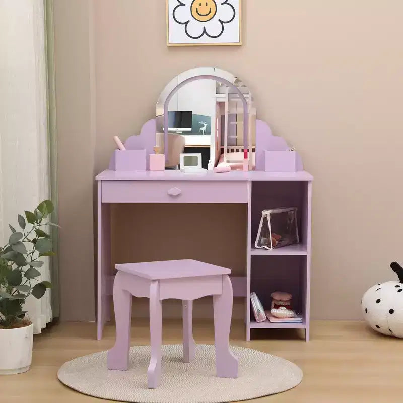 Coiffeuse pour enfants COZONY avec miroir et tabouret, luminosité réglable, tiroir et étagères de rangement, pour filles de 3 à 9 ans