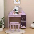 Coiffeuse pour enfants COZONY avec miroir et tabouret, luminosité réglable, tiroir et étagères de rangement, pour filles de 3 à 9 ans