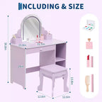 Coiffeuse pour enfants COZONY avec miroir et tabouret, luminosité réglable, tiroir et étagères de rangement, pour filles de 3 à 9 ans