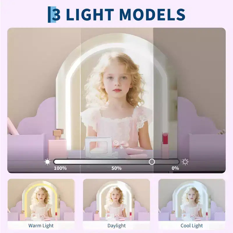 Coiffeuse pour enfants COZONY avec miroir et tabouret, luminosité réglable, tiroir et étagères de rangement, pour filles de 3 à 9 ans