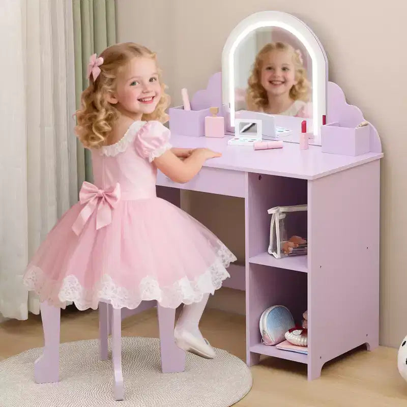 Coiffeuse pour enfants COZONY avec miroir et tabouret, luminosité réglable, tiroir et étagères de rangement, pour filles de 3 à 9 ans