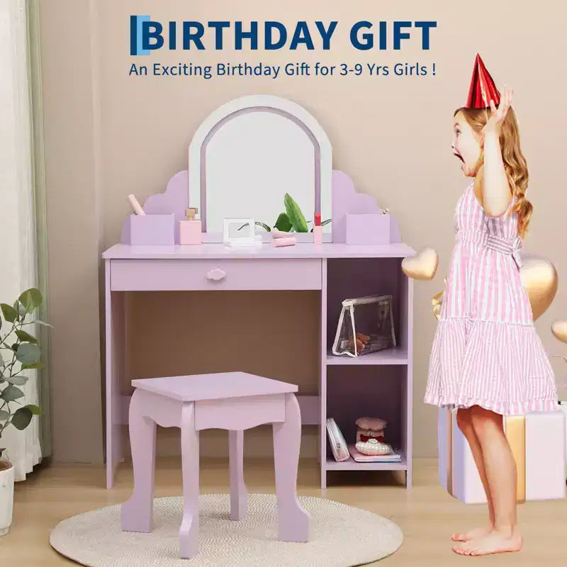 Coiffeuse pour enfants COZONY avec miroir et tabouret, luminosité réglable, tiroir et étagères de rangement, pour filles de 3 à 9 ans