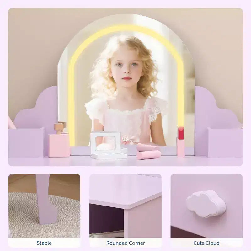 Coiffeuse pour enfants COZONY avec miroir et tabouret, luminosité réglable, tiroir et étagères de rangement, pour filles de 3 à 9 ans