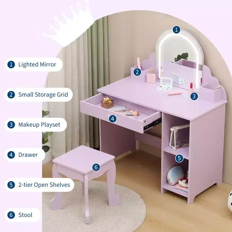 Coiffeuse pour enfants COZONY avec miroir et tabouret, luminosité réglable, tiroir et étagères de rangement, pour filles de 3 à 9 ans