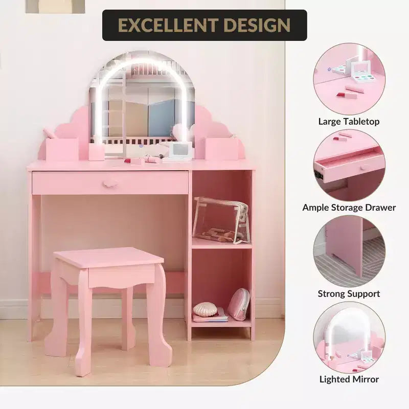 Coiffeuse pour enfants COZONY avec miroir et tabouret, luminosité réglable, tiroir et étagères de rangement, pour filles de 3 à 9 ans