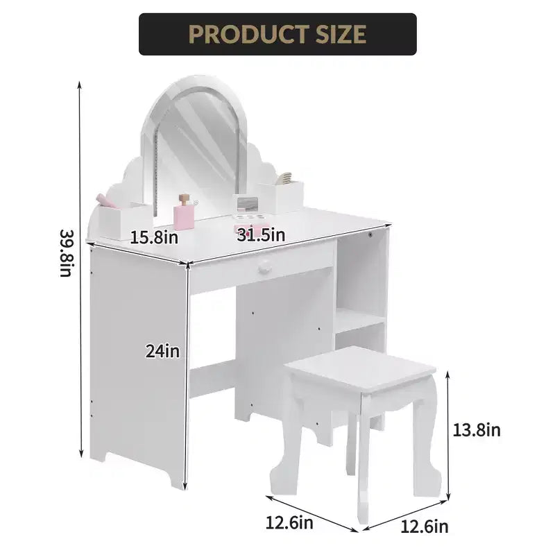 Coiffeuse pour enfants COZONY avec miroir et tabouret, luminosité réglable, tiroir et étagères de rangement, pour filles de 3 à 9 ans