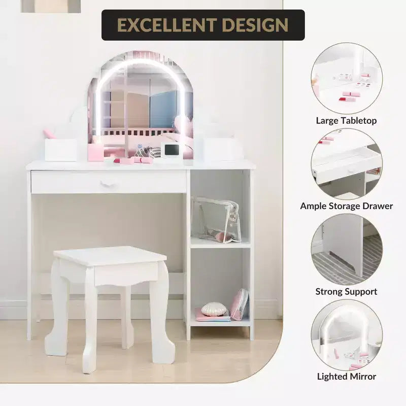 Coiffeuse pour enfants COZONY avec miroir et tabouret, luminosité réglable, tiroir et étagères de rangement, pour filles de 3 à 9 ans