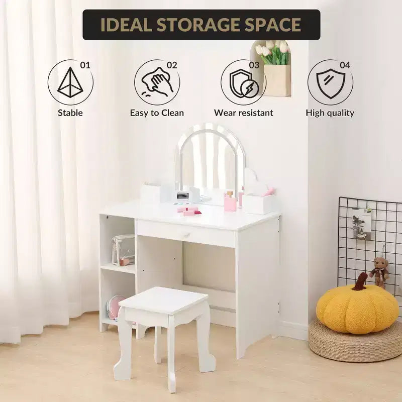 Coiffeuse pour enfants COZONY avec miroir et tabouret, luminosité réglable, tiroir et étagères de rangement, pour filles de 3 à 9 ans