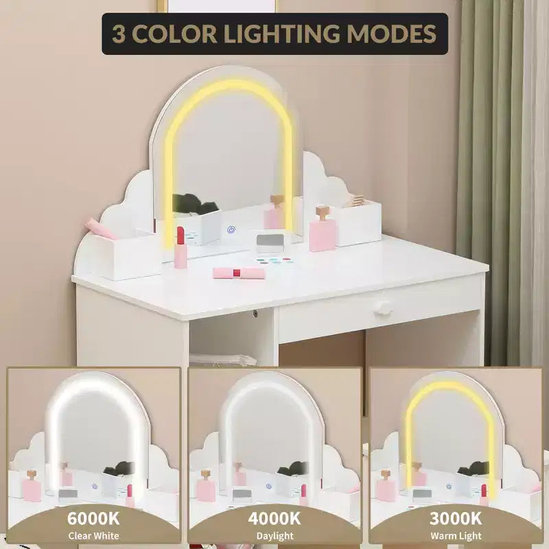 Coiffeuse pour enfants COZONY avec miroir et tabouret, luminosité réglable, tiroir et étagères de rangement, pour filles de 3 à 9 ans